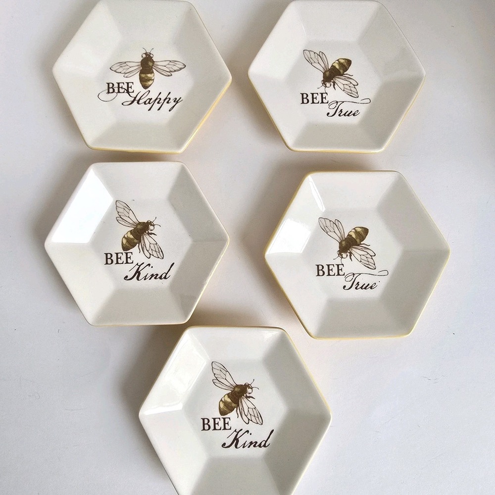 Department 56 Be Happy Ceramic Plates Set Of 5 Hexagonal Bee Spring Yellow